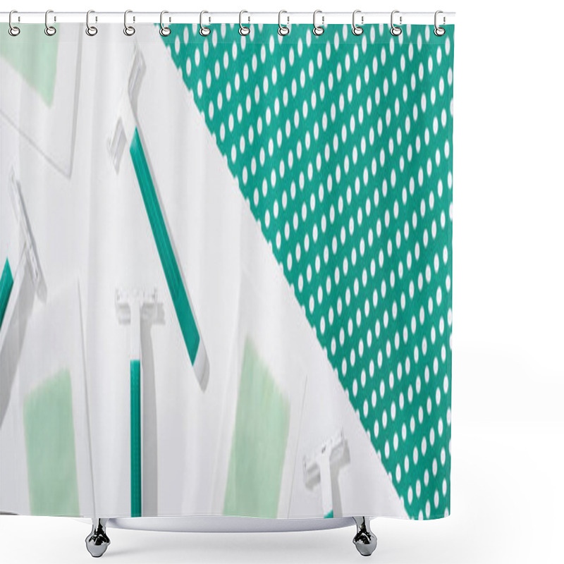 Personality  Top View Of Green Disposable Razors And Depilation Wax Stripes On Green And White Dotted Background, Panoramic Shot Shower Curtains