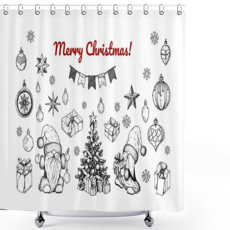 Personality  Set Of Hand Drawn Christmas Design Elements. Vector Illustration In Sketch Style Shower Curtains