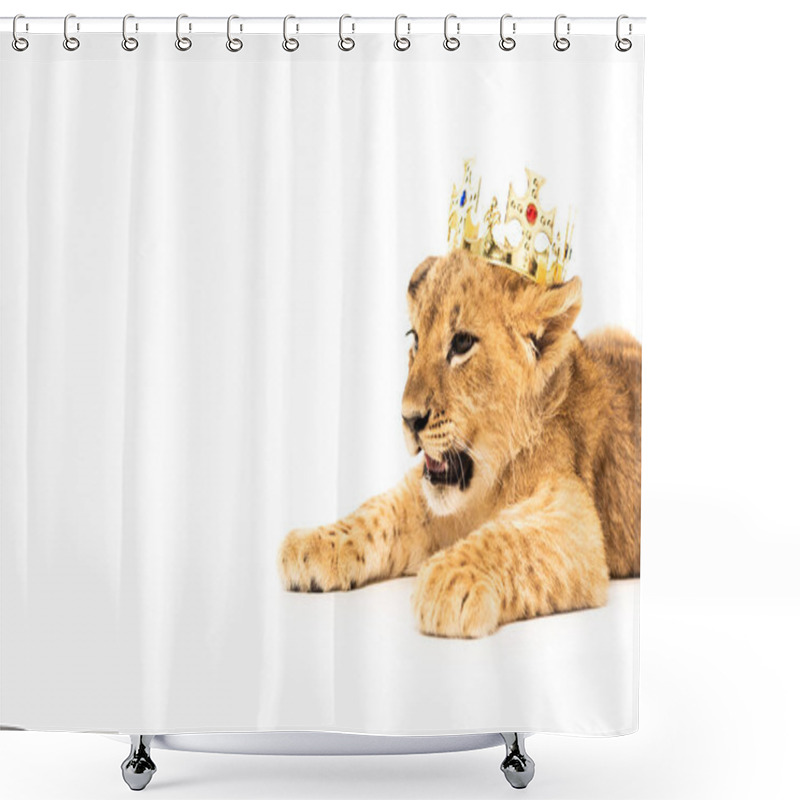 Personality  Cute Lion Cub In Golden Crown Isolated On White Shower Curtains