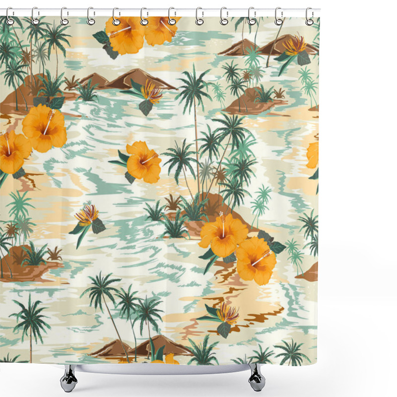 Personality  Retro Seamless Island Pattern Landscape With Palm Treeshibicus,f Shower Curtains