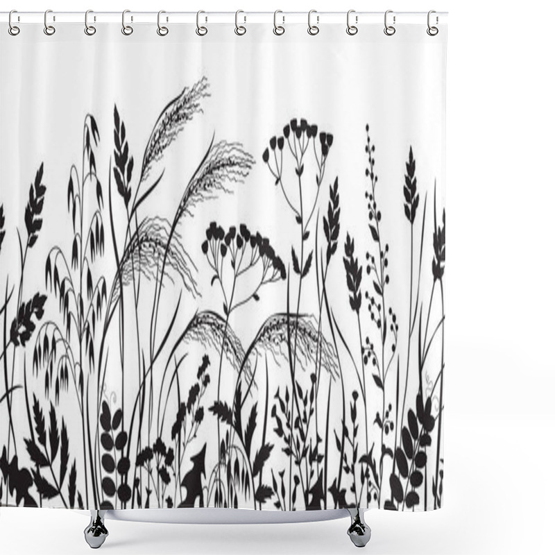 Personality  Seamless Border  With Monochrome Wild Plants  Shower Curtains