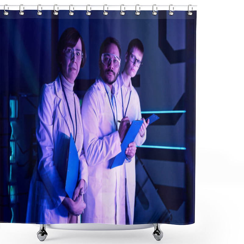 Personality  Futuristic Focus: Three Scientists Engage In Headshot Analysis Within Neon-Lit Science Center. Shower Curtains