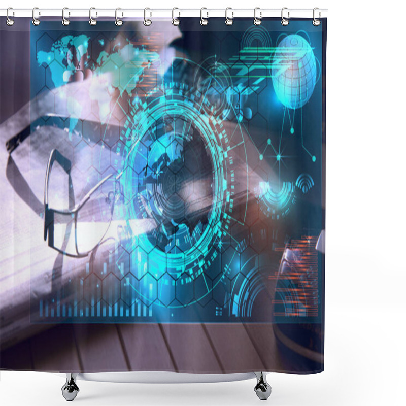 Personality  Modern Notebook Computer With Future Technology Media Symbols.Worldwide Connection Technology,stock Exchanges Graphics Interface. Shower Curtains