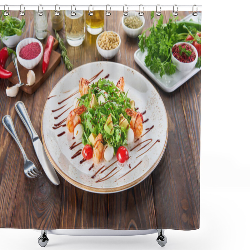 Personality  Fresh Healthy Avocado And Shrimps Salad With Arugula, Tomatos And Mozzarella Cheese On Wooden Background, Cooking Concept With Ingredients Shower Curtains