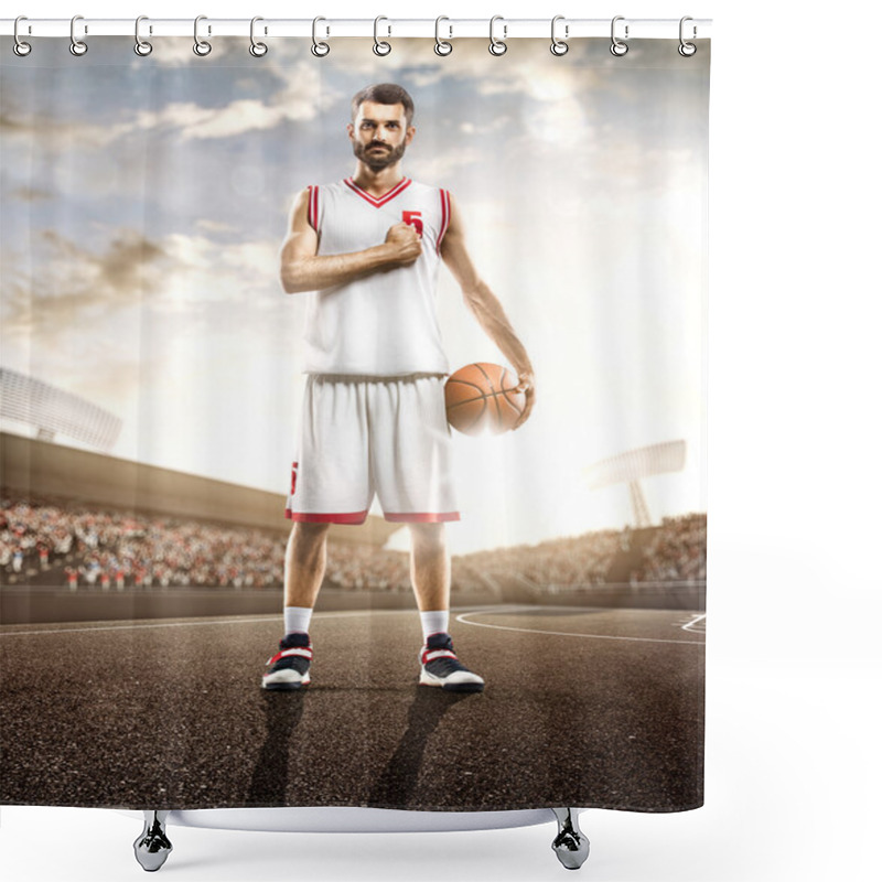 Personality  Basketball Player In Action On Background Of Sky And Crowd Shower Curtains