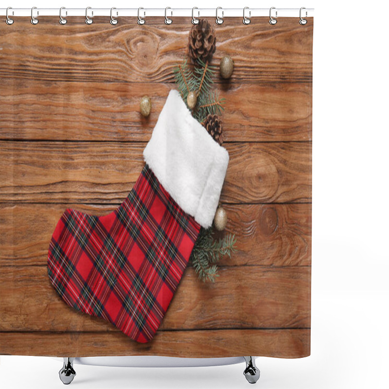 Personality  Christmas Sock With Fir Branches, Balls And Cones On Wooden Background Shower Curtains