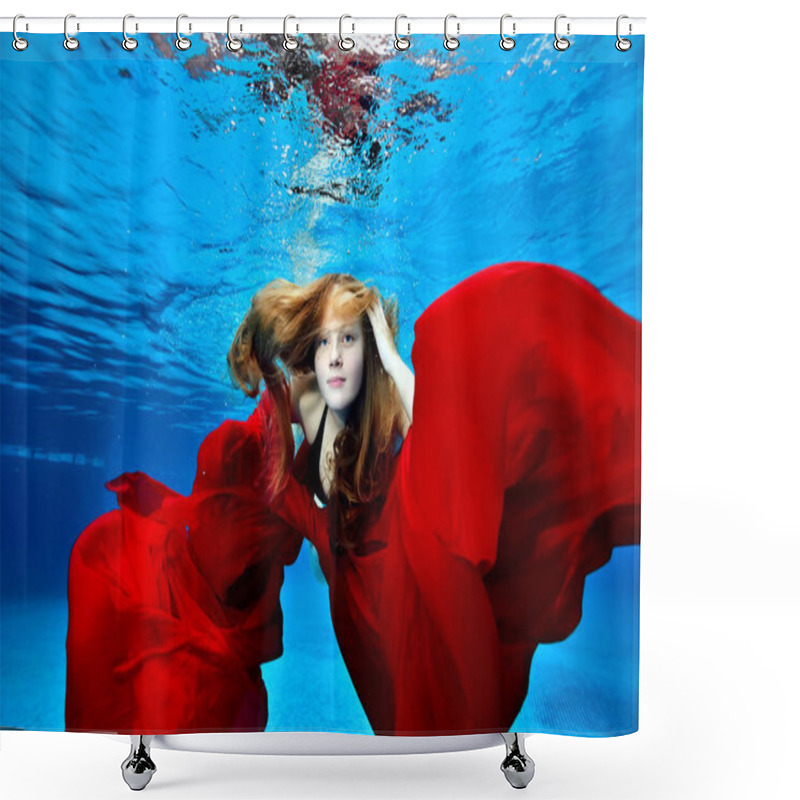 Personality  Portrait Of A Cute, Young Girl With Long Hair Who Swims And Plays Underwater In A Pool With A Red Cloth In Her Hands. Fashion Portrait. Underwater Photography. Horizontal Orientation. Shower Curtains