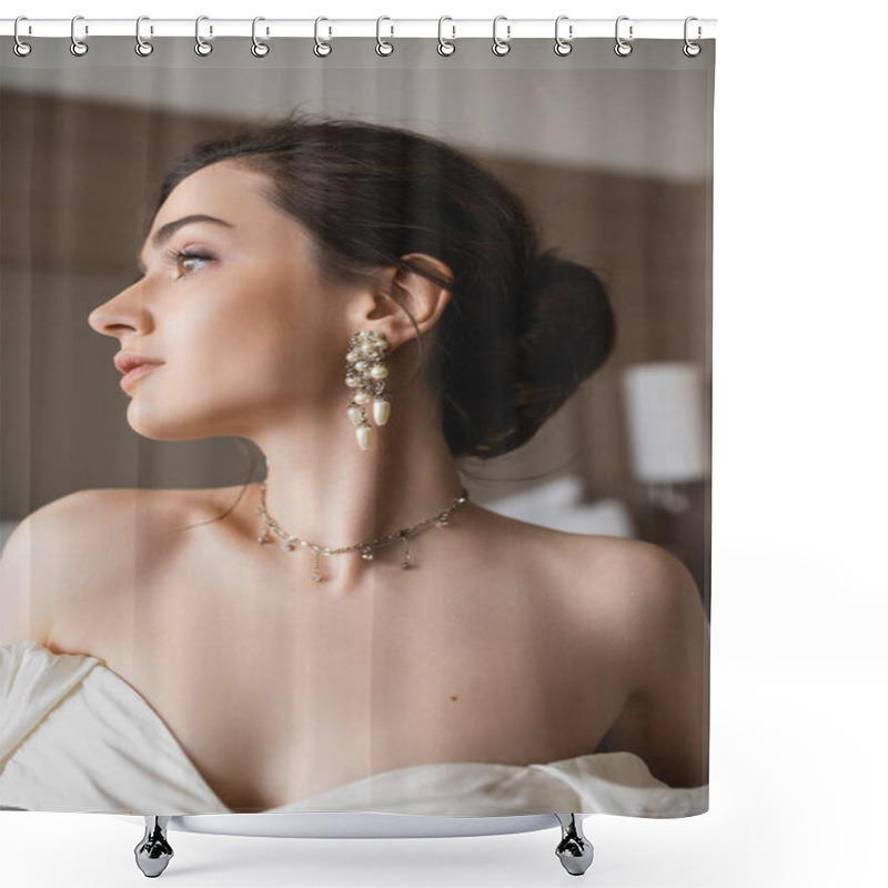 Personality  Portrait Of Young Bride In White Dress And Luxurious Jewelry With Pearl Earrings And Necklace Looking Away In Modern Bedroom In Hotel Room On Wedding Day  Shower Curtains