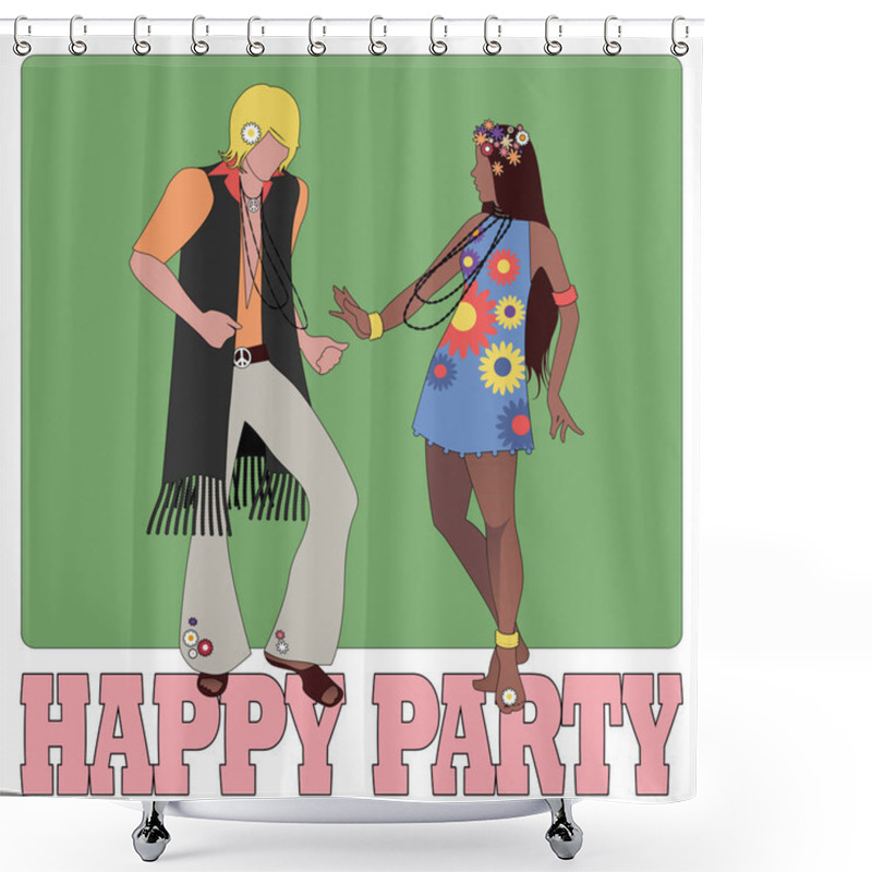 Personality  Young Couple Wearing Hippie Clothes Of The 60s And 70s Dancing Shower Curtains