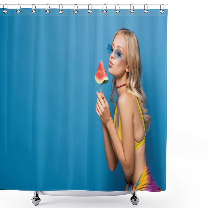 Personality  Young Woman In Sunglasses Pouting Lips While Holding Popsicle Stick With Watermelon Isolated On Blue Shower Curtains