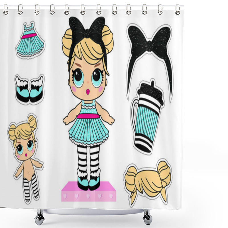 Personality  Cute Little Dolls With Blonde Hair Big Blue Eyes. Paper Sticky Clothes For Funny Baby Girl. Vector Picture For Decoration Invite Card. Lol Surprise Party Decor. Bottle, Dress, Bow With Glitter Sparkle Shower Curtains