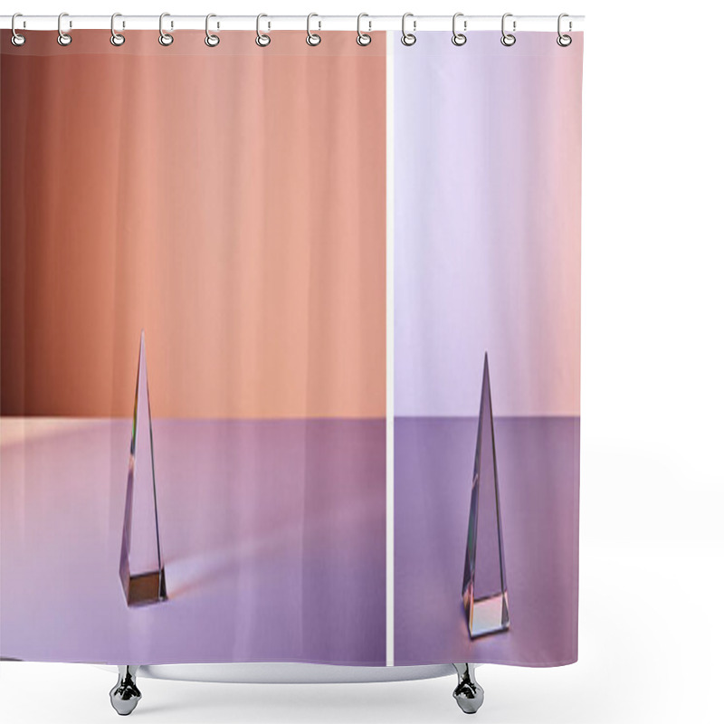 Personality  Collage Of Crystal Transparent Pyramid With Light Reflection On Violet Background Shower Curtains