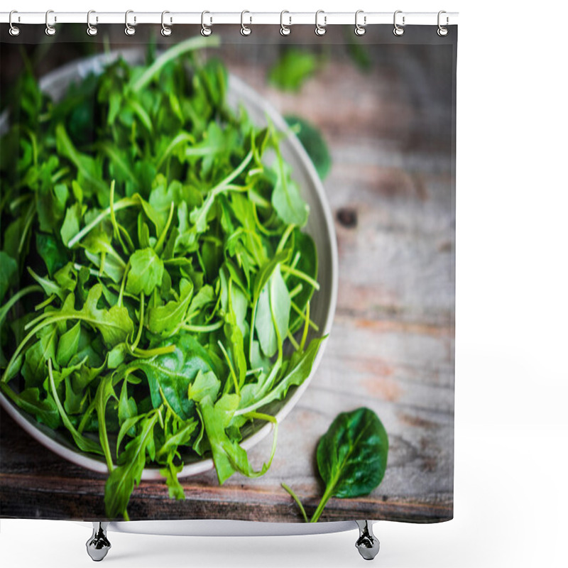 Personality  Fresh Arugula And Spinach Salad On Rustic Background Shower Curtains