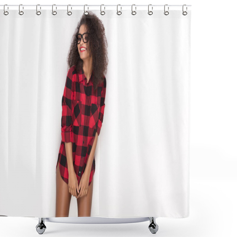 Personality  Happy Afro Girl In Red Checkered Shirt. Shower Curtains