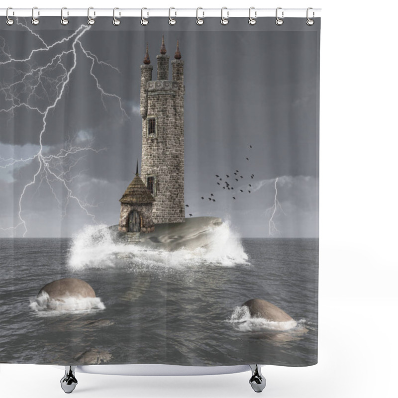 Personality  Unconquerable Tower In The Middle Of The Ocean  3D Illustration Shower Curtains