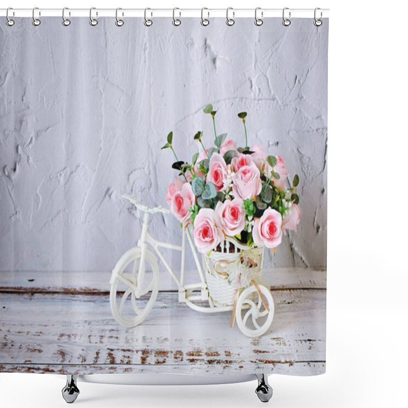 Personality  Artificial Pink Rose Flowers In Bike Toy On Table Bouquet Bucket Bicycle With Soft Tone Festive Texture Background Cement Wallpaper Copy Space Lettering Valentine's Day Romantic Love Birthday Card  Shower Curtains