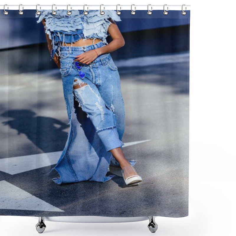 Personality  Girl In Jeans Posing For Fashion Shoot Shower Curtains