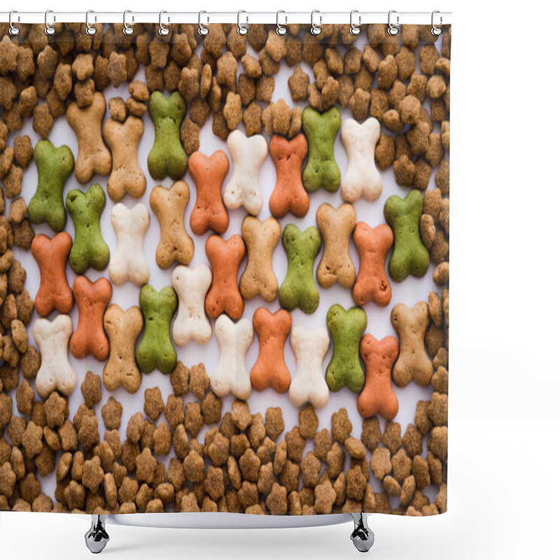 Personality  Top View Of Bone Shaped Cookies And Dry Pet Food As Backdrop  Shower Curtains