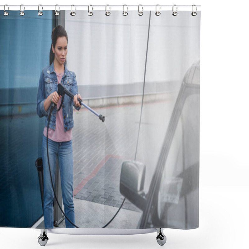 Personality  Attractive Woman Cleaning Car At Car Wash With High Pressure Water Jet Shower Curtains