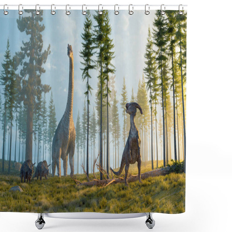 Personality  Dinosaurs In The Nature At Mountains . This Is A 3d Render Illustration Shower Curtains