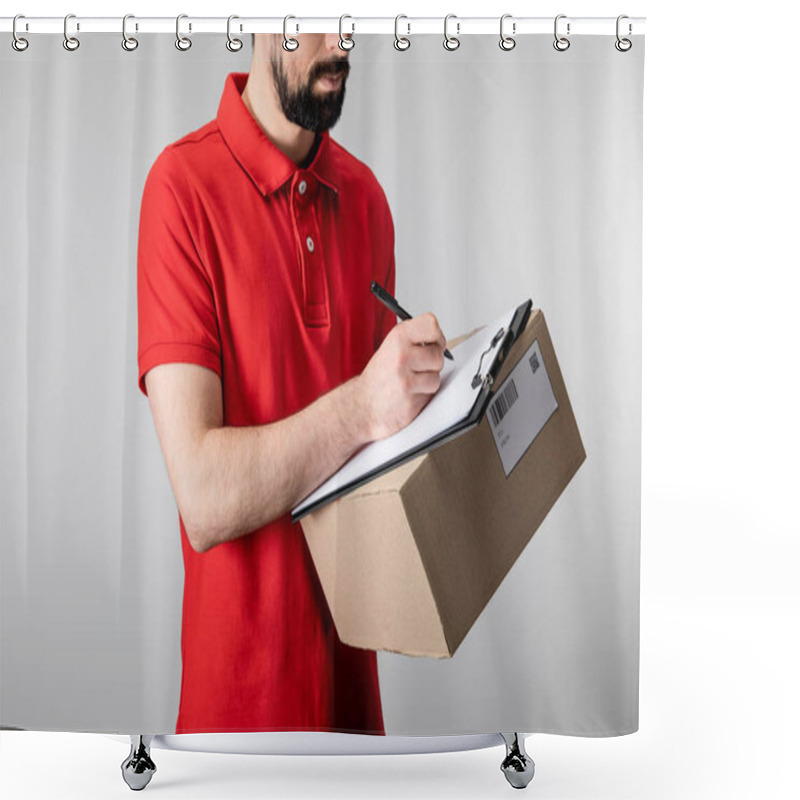 Personality  Cropped View Of Delivery Man Writing On Clipboard And Holding Cardboard Box Isolated On Grey Shower Curtains