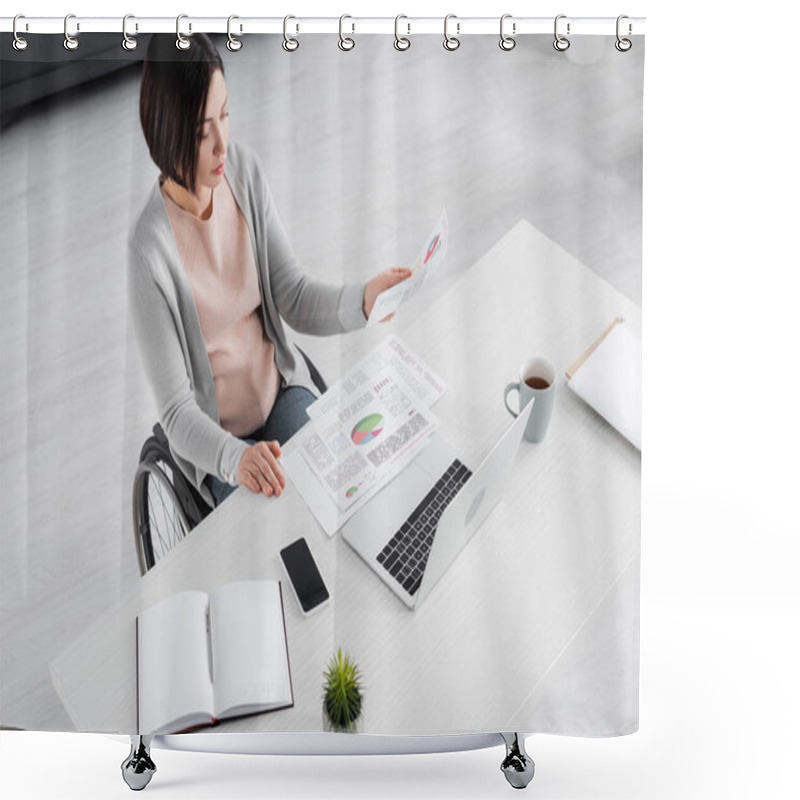 Personality  High Angle View Of Disabled Freelancer Working With Document And Devices At Home  Shower Curtains