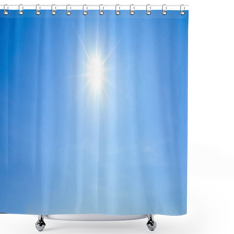 Personality  Shining Sun With Rays And Clear Blue Sky Background. Shower Curtains