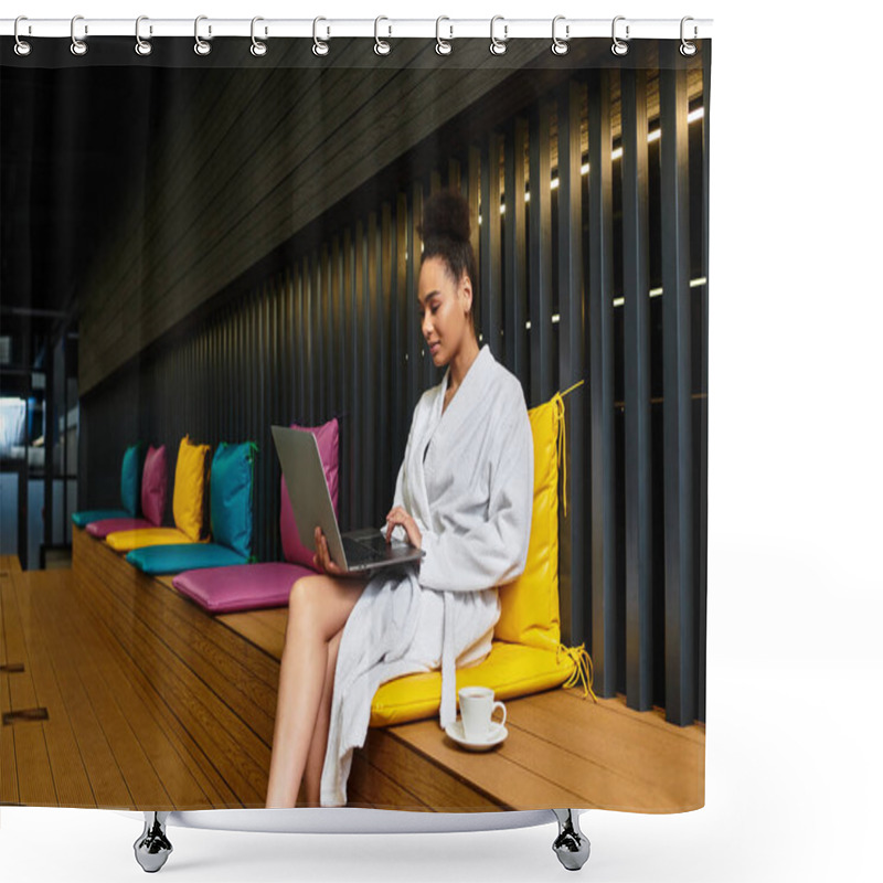 Personality  Young Woman In A Spa Robe Works On A Laptop Surrounded By Colorful Cushions, Enjoying Her Time. Shower Curtains