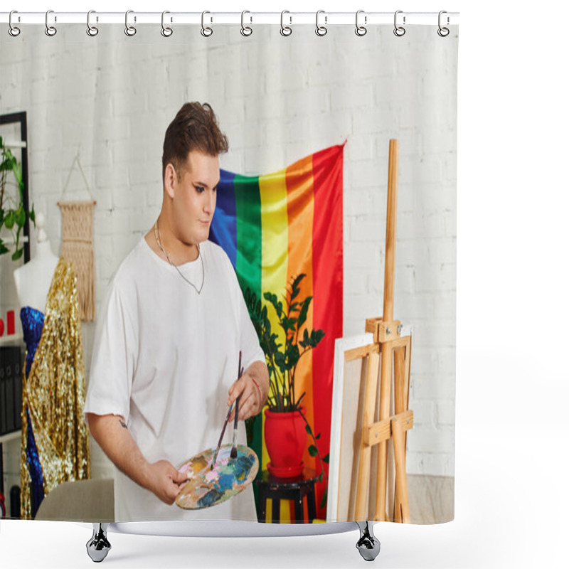 Personality  An Artistic Individual Explores Their Creativity With A Paint Palette In A Colorful Studio Setting. Shower Curtains