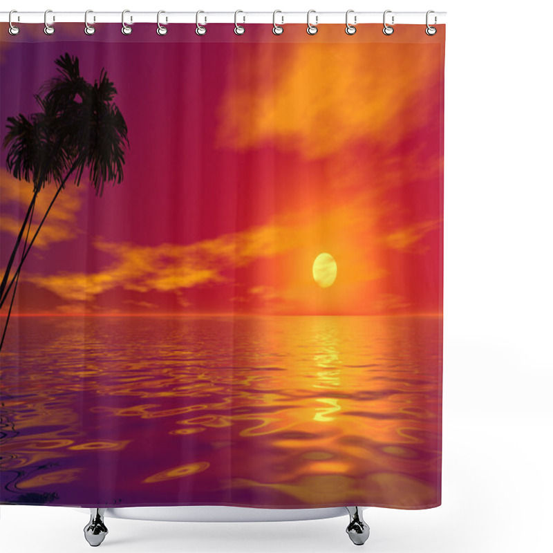 Personality  Palm Tree And Ocean At Sunset. 3D Rendered Work Shower Curtains