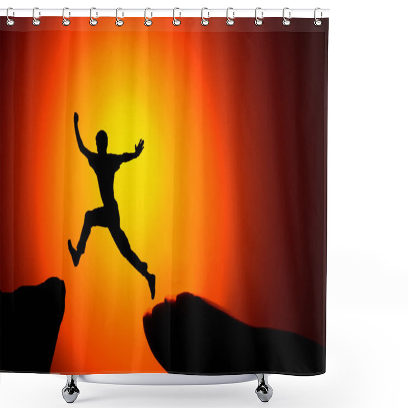 Personality  Man Jumping Across The Gap From One Rock To Cling To The Other. Man Jumping Over Rocks With Gap On Sunset Fiery Background. Element Of Design Shower Curtains