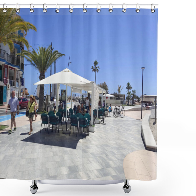 Personality  San Javier, Murcia, Spain - Jun, 10, 2022. Tourists In The Beach Of La Manga Del Mar Menor With Palm Trees. Its A Sunny Day In The Mediterranean Sea. Shower Curtains