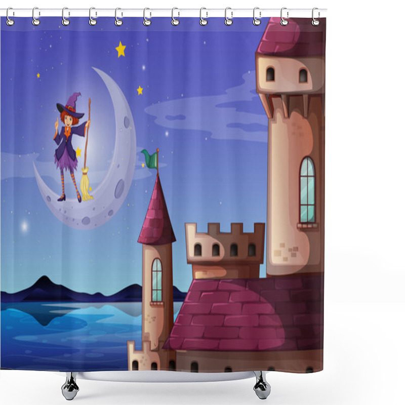 Personality  A witch with a broomstick standing near the castle shower curtains