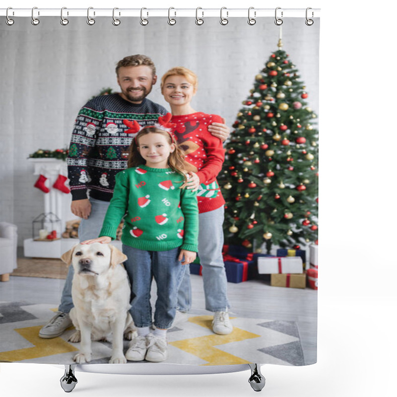 Personality  Smiling Parents Hugging Daughter Near Labrador And Blurred Christmas Tree At Home  Shower Curtains