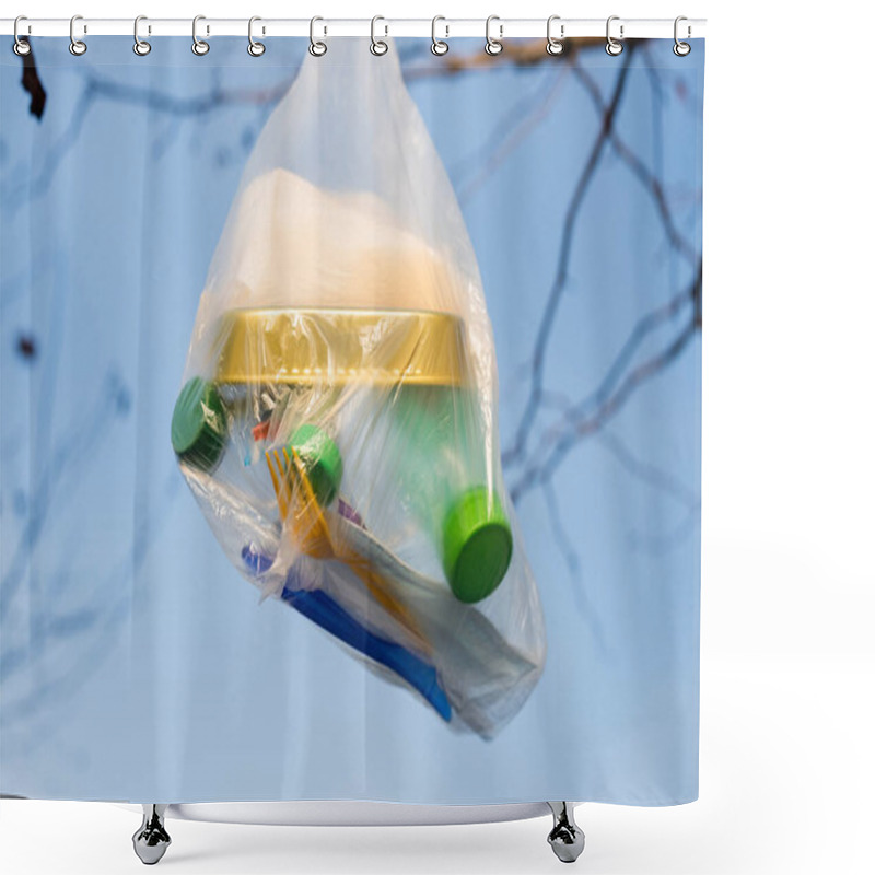 Personality  Polyethylene Bag With Can And Plastic Bottles Against Blue Sky, Ecology Concept Shower Curtains