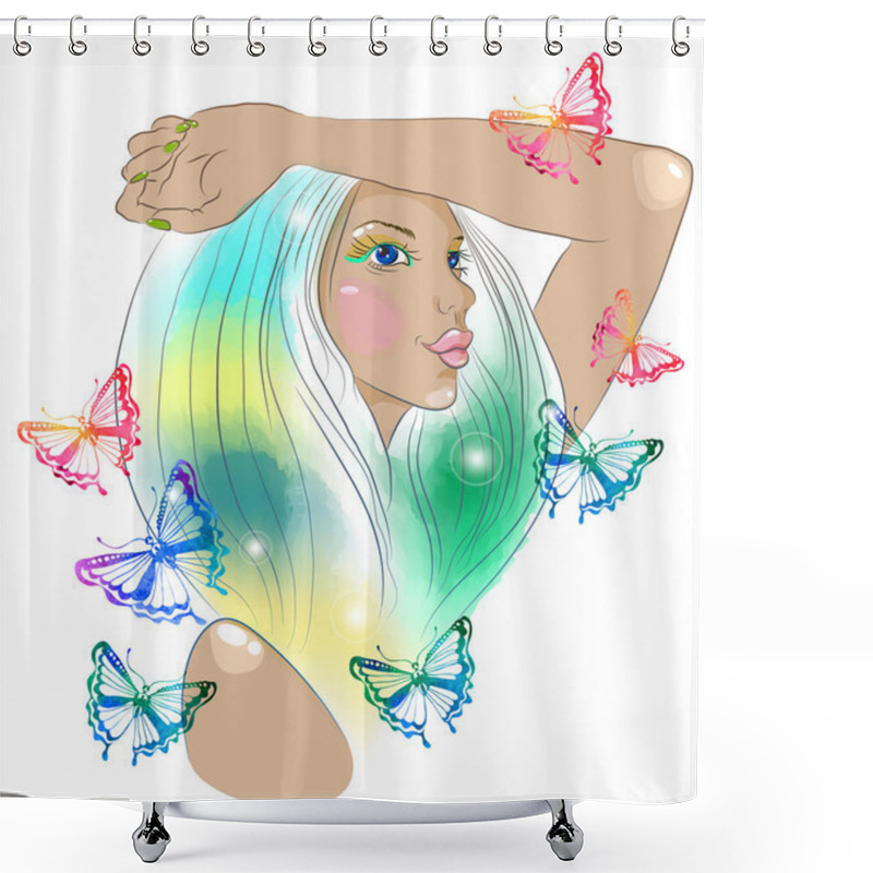 Personality  Hand Drawn Beautiful Woman With Butterfly Shower Curtains