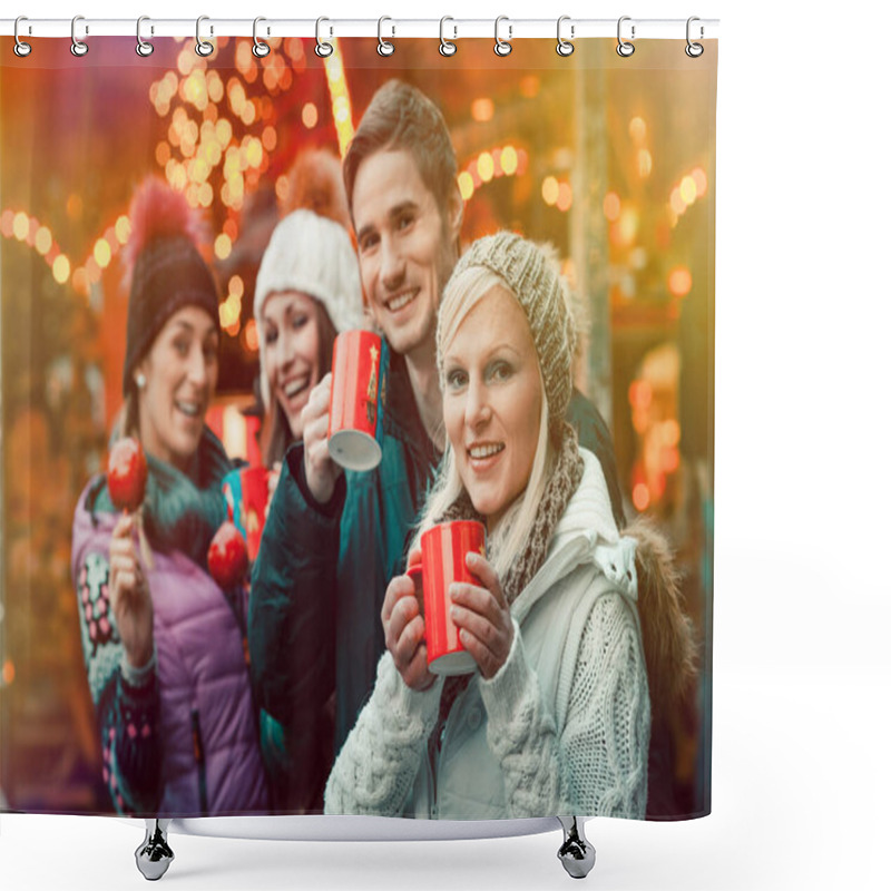 Personality  Friends Drinking Mulled Wine And Eating Crystalized Appels On Christmas Market Shower Curtains