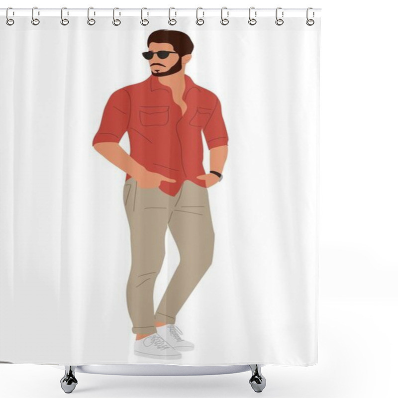 Personality  Stylish Young Man Wearing Summer Street Fashion Outfit. Handsome Business Man Character In Smart Casual Office Clothes, Sunglasses. Vector Realistic People Illustration Isolated On White Background. Shower Curtains