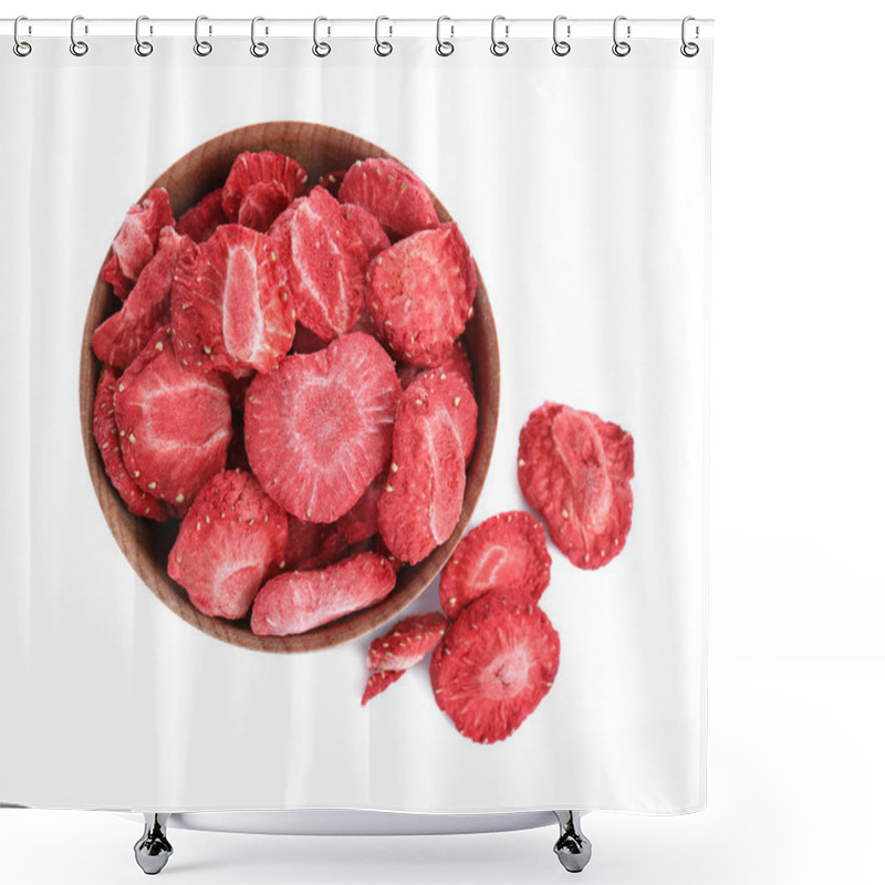 Personality  Freeze Dried Strawberries In Bowl On White Background, Top View Shower Curtains