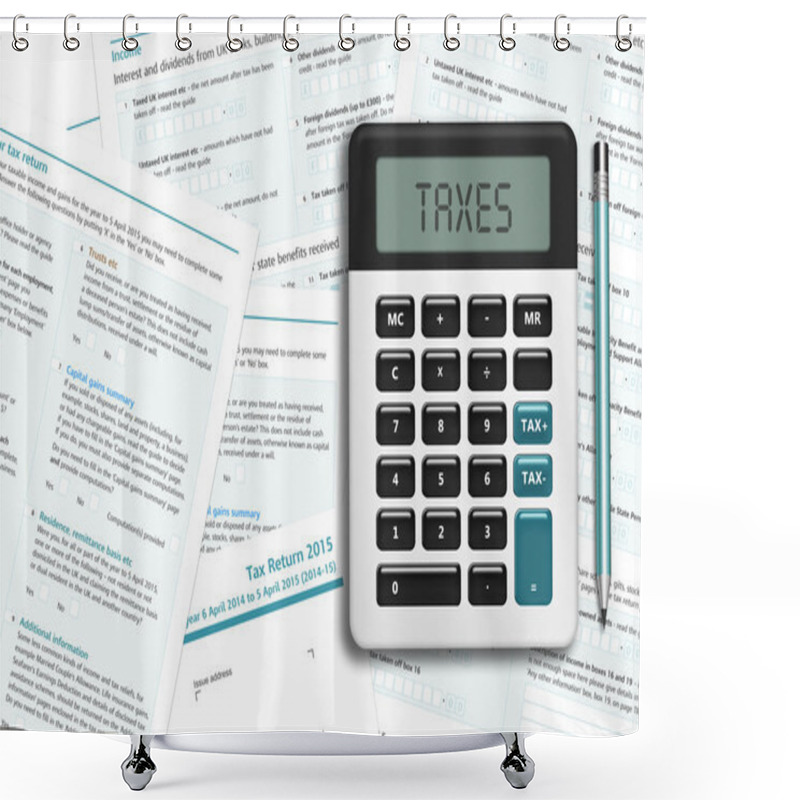 Personality  UK Tax Form With Calculator Lying On Wooden Desk  Shower Curtains