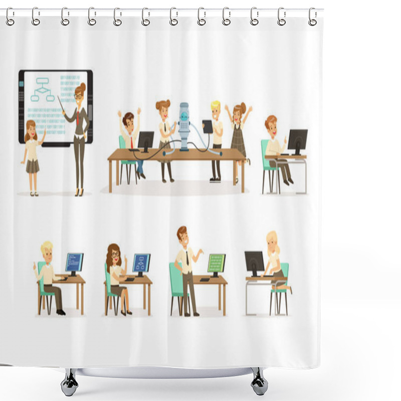 Personality  School Children At The Informatics And Programming Lesson Set, Teacher Giving Lesson In Classroom, Kids Working On Computers, Learning Robotics And Programming Vector Illustrations Shower Curtains