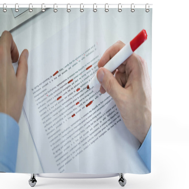 Personality  Close-up Of Red Pencil Marking Error During Spellchecking Text On Paper Document Shower Curtains