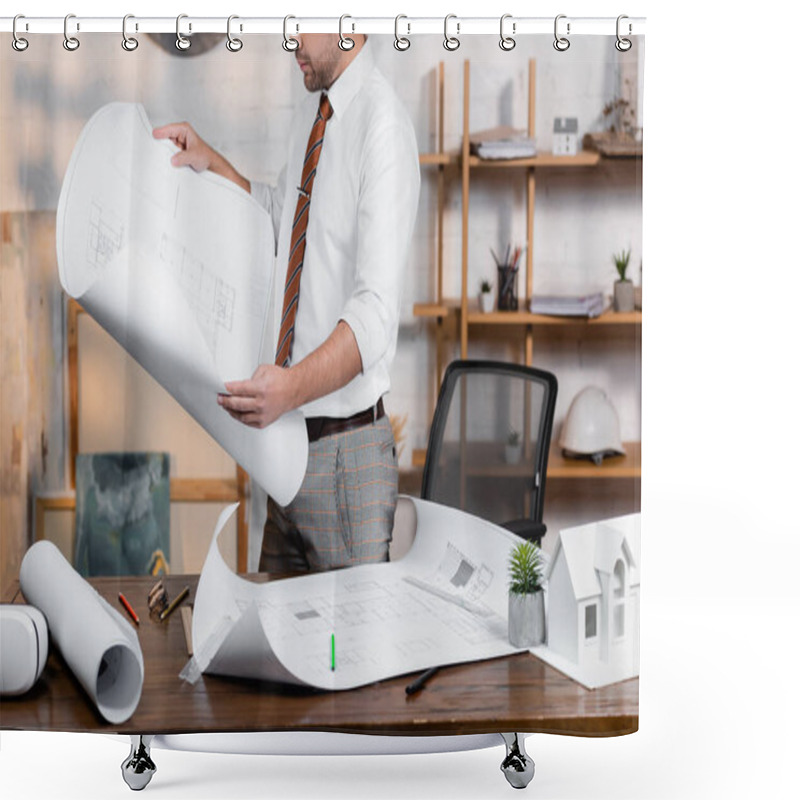 Personality  Cropped View Of Architect Holding Blueprint Near Plans And House Model On Desk Shower Curtains