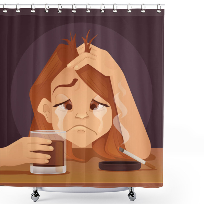 Personality  Sad Unhappy Young Woman Teenager Character Cry Smoke And Drink. Vector Flat Cartoon Illustration Shower Curtains