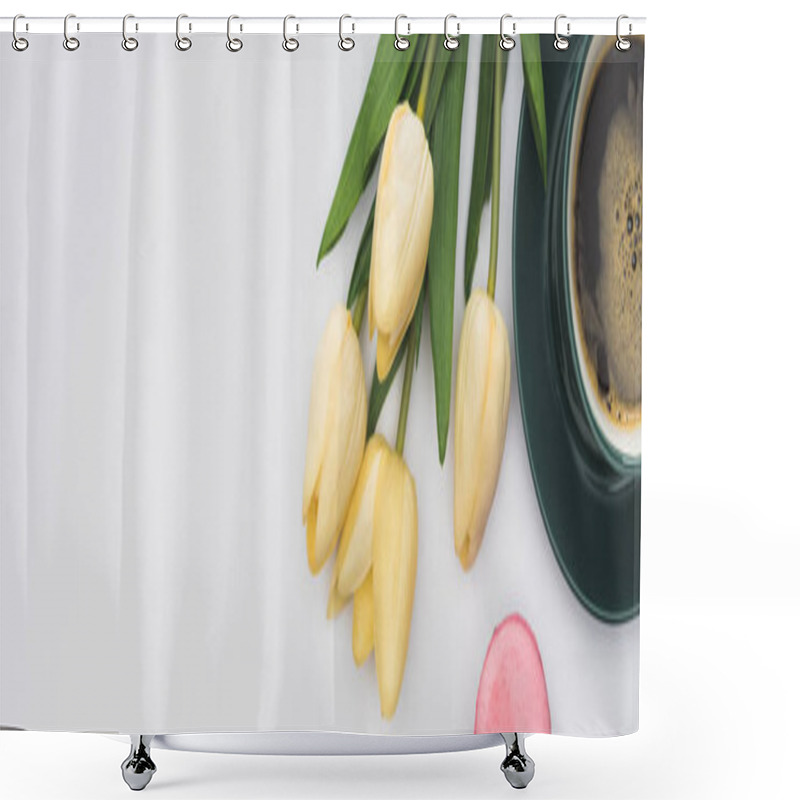 Personality  Top View Of Tulips, Fresh Coffee And Pink Macaron Isolated On White, Panoramic Shot Shower Curtains