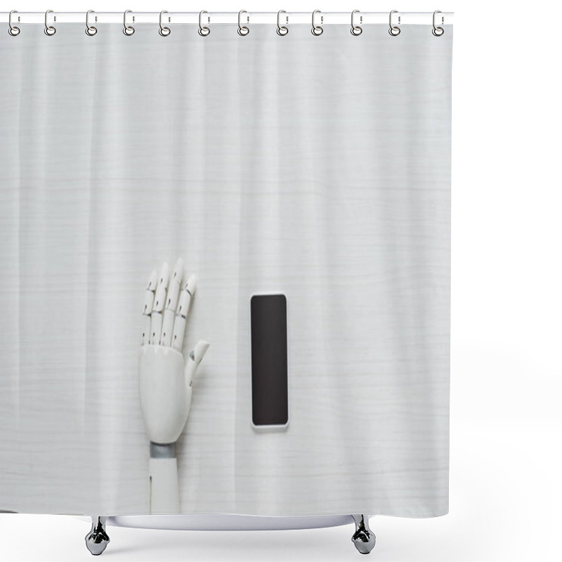 Personality  Cropped Image Of Prosthetic Arm And Smartphone With Blank Screen At Wooden Table  Shower Curtains