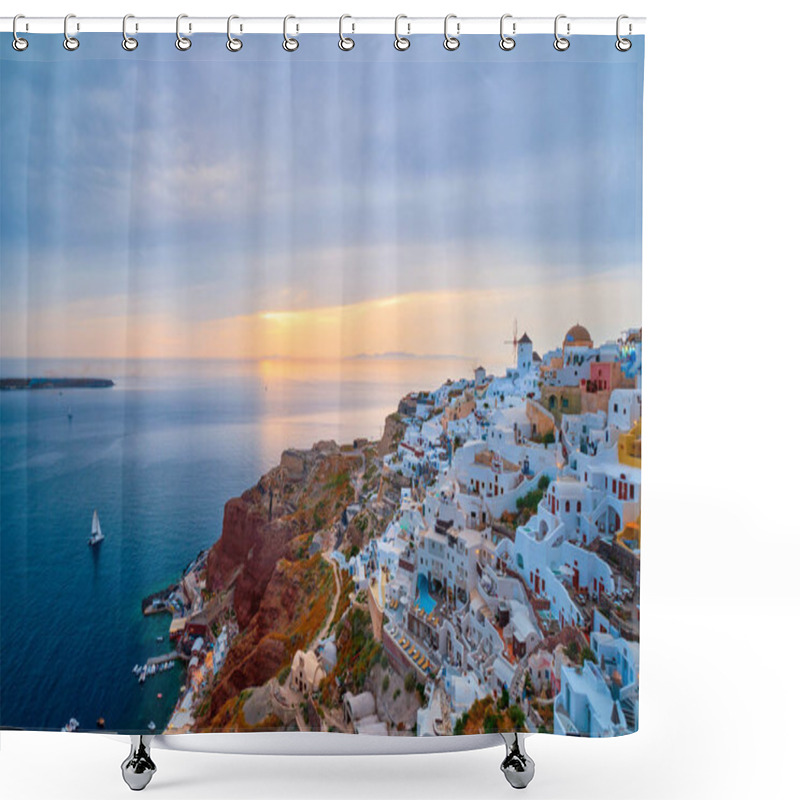 Personality  Famous Greek Iconic Selfie Spot Tourist Destination Oia Village With Traditional White Houses And Windmills In Santorini Island On Sunset In Twilight, Greece Shower Curtains