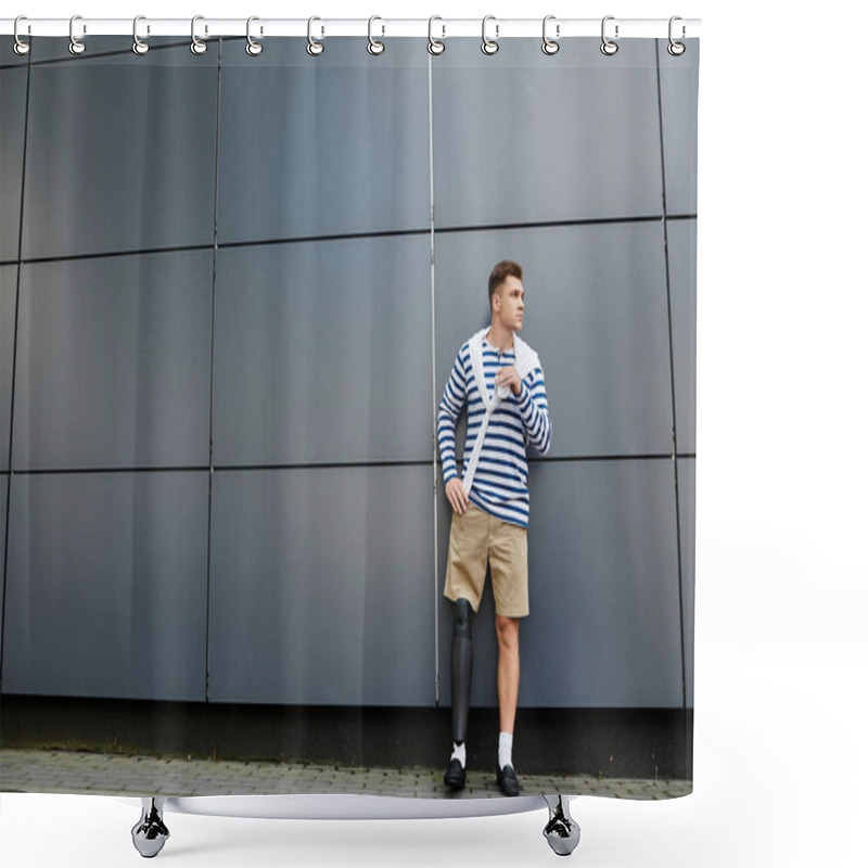 Personality  A Young Man Showcasing His Unique Style And Strength, Standing By A Sleek Urban Wall. Shower Curtains