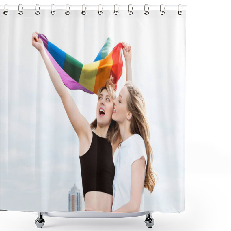 Personality  Lesbian Couple With Lgbt Flag Shower Curtains