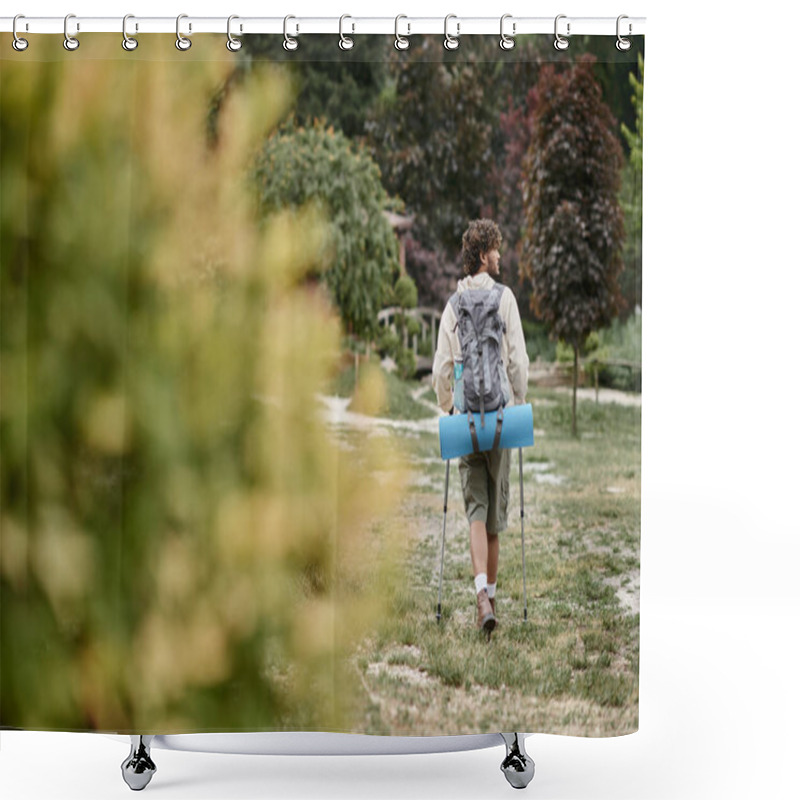 Personality  Side View Of Indian Tourist With Trekking Poles Walking On Path In Forest Shower Curtains